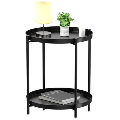 2 Tier End Table - Metal Side Table Waterproof Small Sofa Coffee Side Tables Bedroom Indoor Outdoor with Removable Tray for Living Room Bedroom Balcony and Office - 17.7" x 17.7" x 21.28"/Black